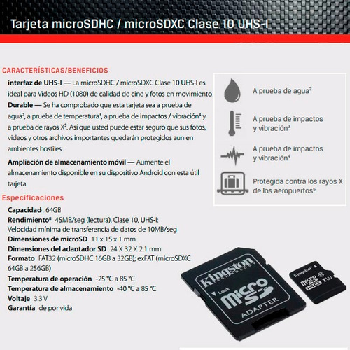 Memoria Micro Sd Kingston 64gb Clase 10 Hc Camara Celular
