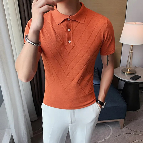 Camisa De Seda De Encaje Para Hombre, Manga Corta, Polo Casu