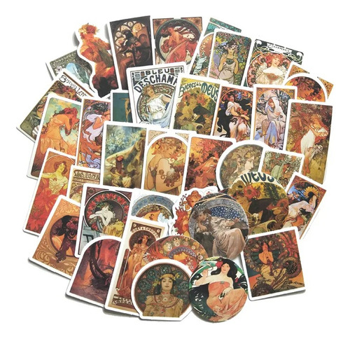 Pack De 38 Stickers Mujer Vintage  Alphonse Maria Mucha 