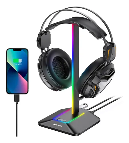 New bee Soporte para auriculares RGB con 1 puerto de carga USB-C y 1 puerto  de carga USB, soporte para auriculares de escritorio para juegos con 7