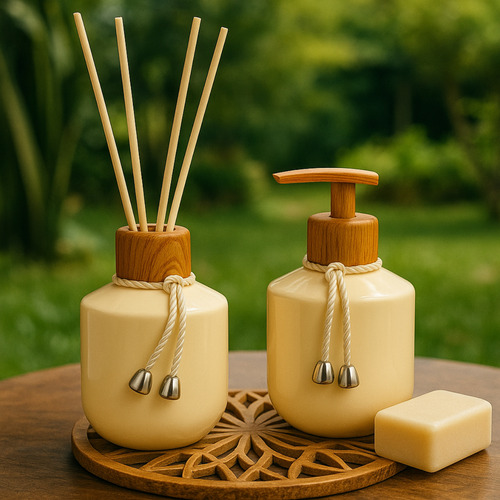 Kit Lavabo Banheiro Luxo Difusor Aromatizador De Ambiente Com Bandeja E Sabonete Líquido Cor Bege
