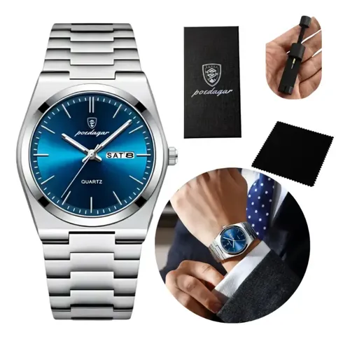 Relógio Poedagar Suiço Masculino Aço Inox Old Money C/caixa Prateado Azul