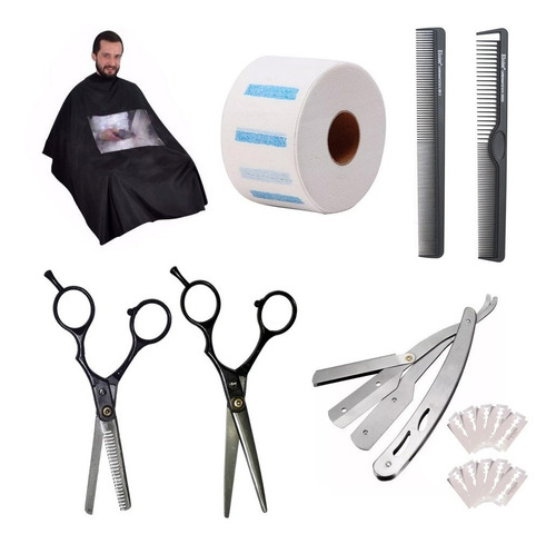 Kit Tijera Corte Pulir Capa Navaja Filos Peines Cubre Cuello