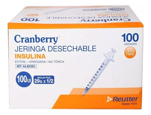 Jeringa Insulina Cranberry 29g X1/2 X100 Unidades 1 Ml