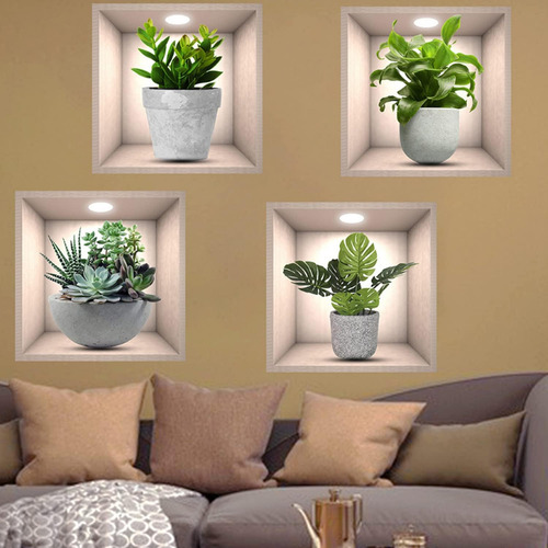 4 Pegatinas De Pared Con Plantas Verdes En 3d Para Decoració