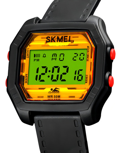 Reloj Hombre Skmei 1623 Digital Alarma Fecha Cronometro Malla Negro Bisel Negro Fondo Naranja Claro