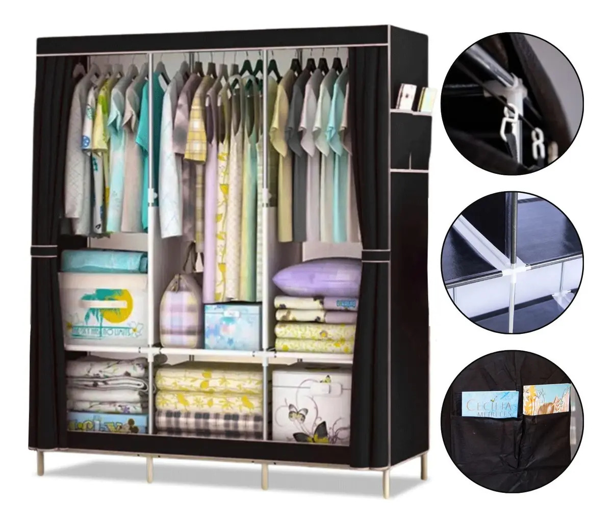 Guarda Roupa Dobrável Organizador Portátil Armário Grande Cor Preto