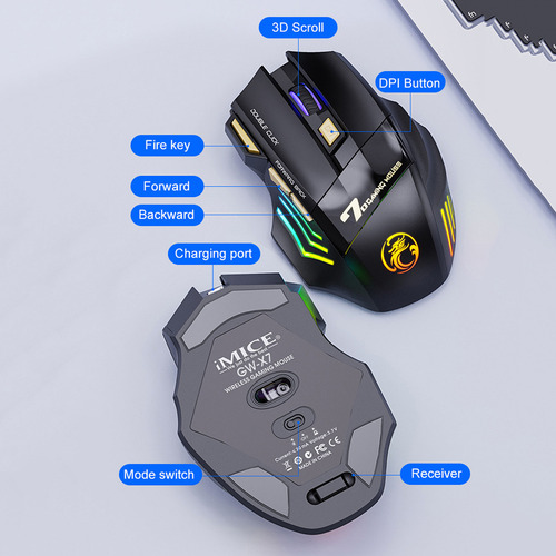 Mouse Gamer 7 Botones Inalámbrico Luz Rgb 3200dpi Recargable