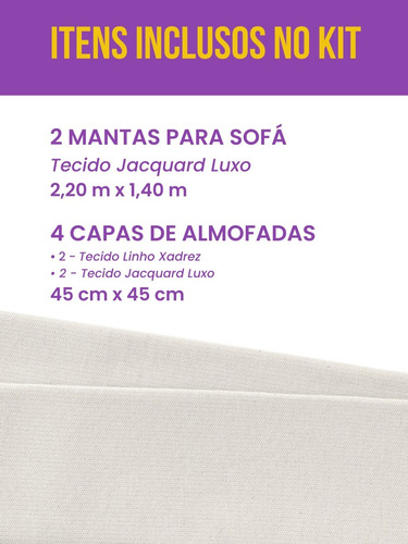 Kit Mantas Sofá 2,20m Decorativas + 4 Capas Xadrez Bege Cru