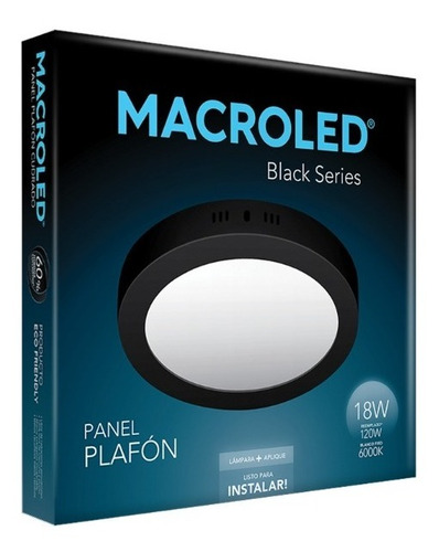 Panel Plafon Led 18w Redondo Negro Aplicar 6000k Macroled