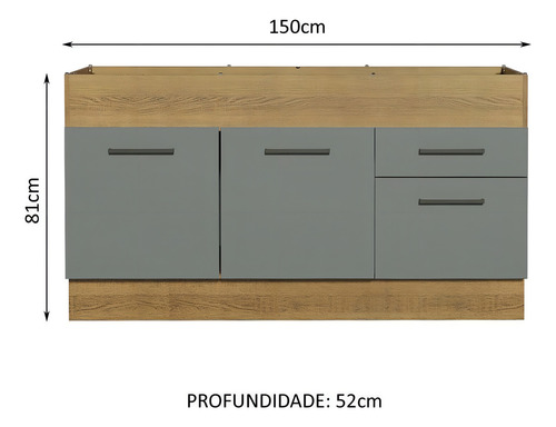Gabinete Bajo Cocina Madesa Agata 150cm Sin Tablero Mg Color Rústico/Gris