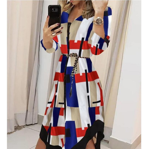 Vestido Casual Con Cuello En V Y Estampado A Cuadros De Nuev