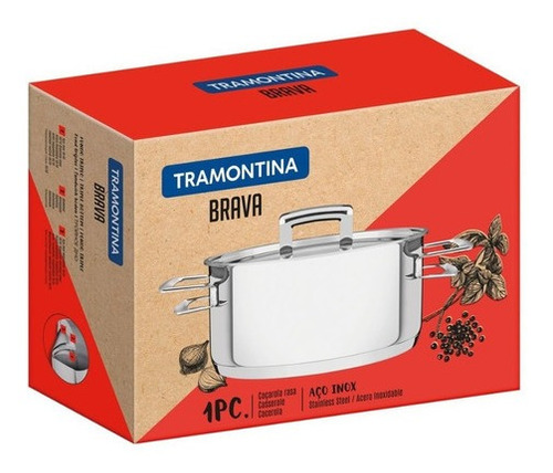 Cacerola 20cm Tramontina Brava Acero Inox Triple Fondo 2,9lt Color Plateado