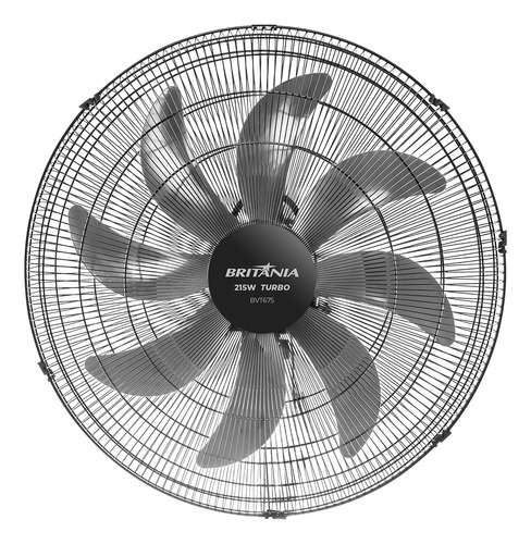 Ventilador De Parede Bvt675 Max Force 215w Britânia Cor da estrutura Preto Cor das pás Cinza Diâmetro 51 cm Frequência 60 Material das pás Plástico Quantidade de pás 8 220V