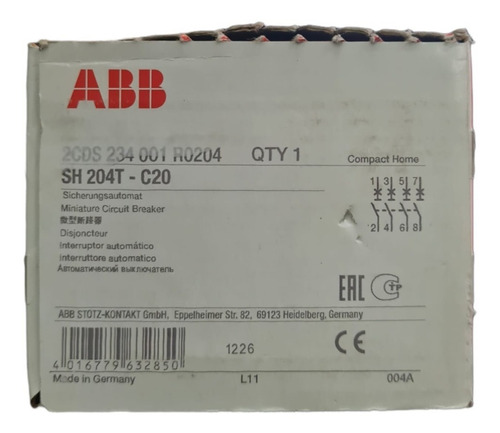 Pastilla Interruptor 4 Polos Abb Sh204t-c20, 20a, L1-l2-l3+n