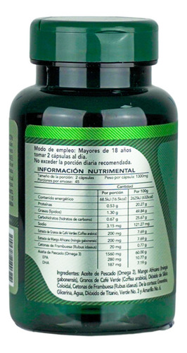 Granos De Café Verde Mango Africano mas Cetonas con Omega 3 EPA/DHA Sin Sabor 90 Cápsulas Herbalia Lab
