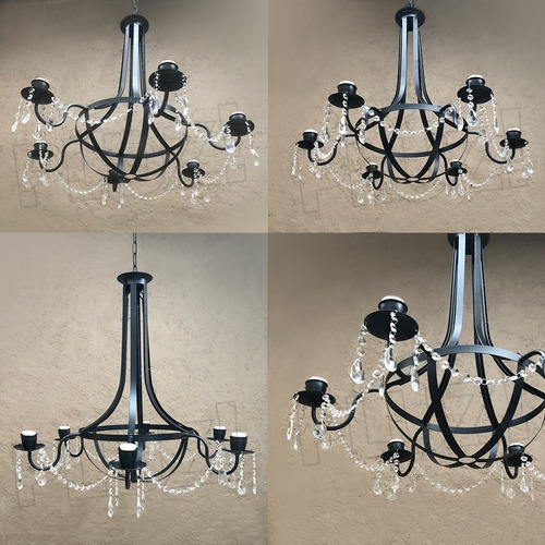Imagen 2 de 8 de Colgante Araña Pera 6 Luces C/ Caireles - Chapa Hierro Negro