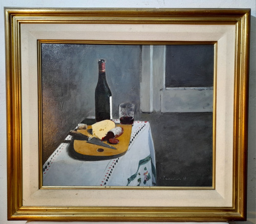 Cuadro De La Tabla Y El Vino Óleo Firma Ilegible 48x58 L185 