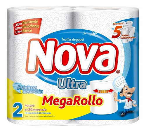 Imagen 2 de 7 de Pack 2 Toalla De Papel Nova Ultra Mega Rollo 2 Un 30 Mt