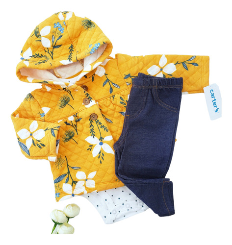 Conjunto Beba Carters Camperita Body Calza Amarillo Flores 