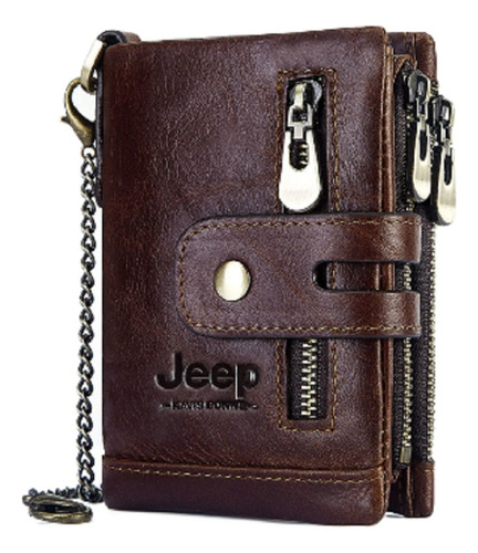 Billetera Jeep Cuero Genuino Con Cadena Marron Coffe