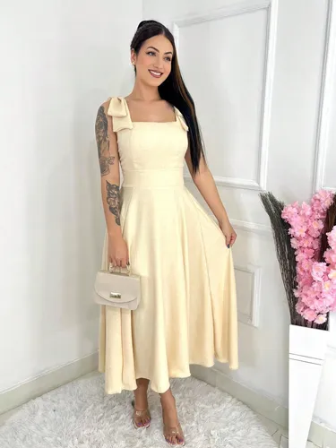 Vestido Midi Luxo Lisa Duna Linho Com Laço Na Manga 0150