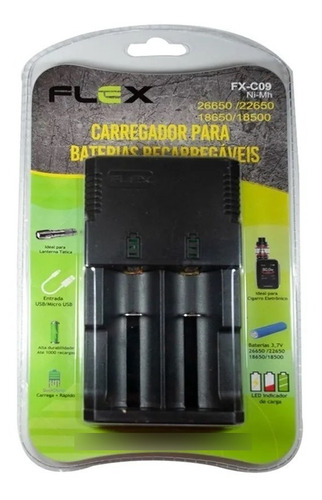 Carregador Duplo Para Baterias 18650/22650/26650/18500 Flex