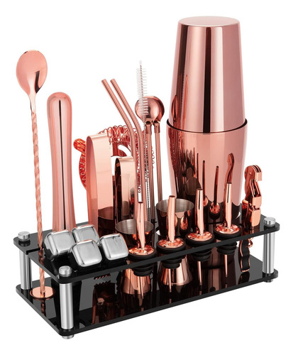 Juego Coctelero Rosa Oro Completo 14 Piezas Soporte Pro