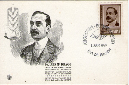 Imagen 1 de 1 de Argentina Tarjeta 1° Día Emisión 100° Luis María Drago 1960