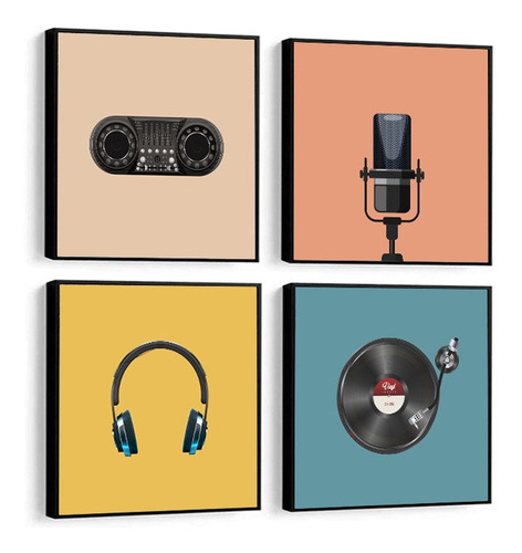 Quadro Decorativo Música Rádio Mic Fone Disco Colorido 40x40