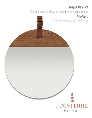 Espejo Circular Redondo Paleta Con Madera Y Cuero. 50 Cm