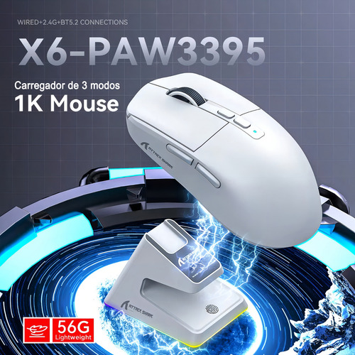 Mouse Bluetooth Para Jogos Attack Shark X6 Paw3395 Peso Leve
