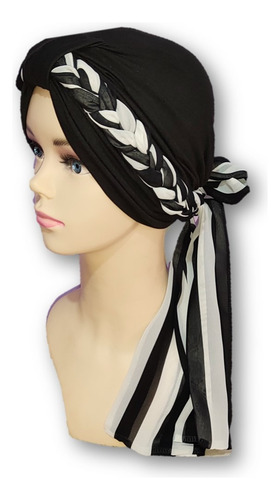 Turbante Para Mujer Tyamia Con Trenza Chiffon -gorro Algodón Color Negro Diseño de la tela Rayas