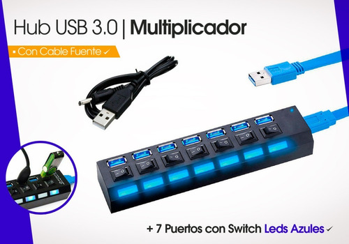 Imagen 3 de 10 de Hub Usb 3.0 Multiplicador 7 Teclas Led 5 Gbps + Fuente 5v