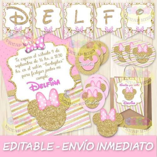 Kit Imprimible Minnie Glitter Dorado Editable Deco Candy Bar