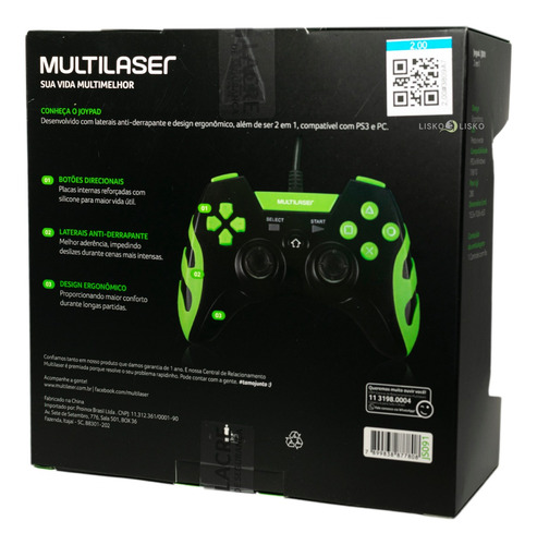Controle Gamer Joystick C/ Led Multilaser Com Fio Ps3 Pc Usb