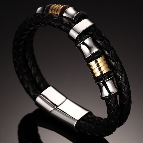 Imagem 3 de 5 de Pulseira Masculina Bracelete Em Couro E Aço Inox