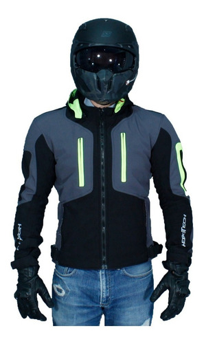 Imagen 1 de 10 de Chamarra Con Protecciones Hebotech Luzern Gris/ngo Vde Neon