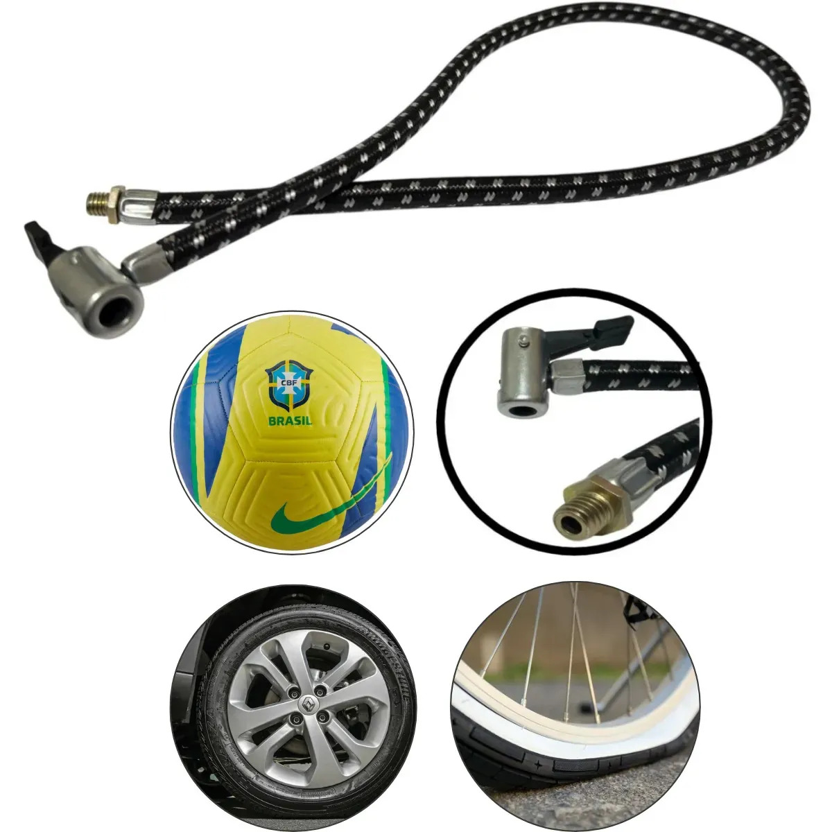 Mangueira Extensora Bomba de Ar Encher Pneu Carro Moto Bicicleta Bola Balão 70cm Preta