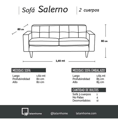 Sofa Salerno 2 Cuerpos Tela Velvet - Latam Home