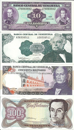 Billetes Nuevos De 10, 20, 50 Y 100 Bolívares. Años 90'