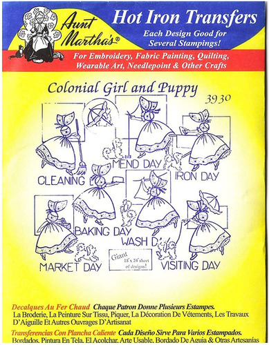 Colonial Girl & Puppy Tia Martha's Hot Iron Embroidery Tran