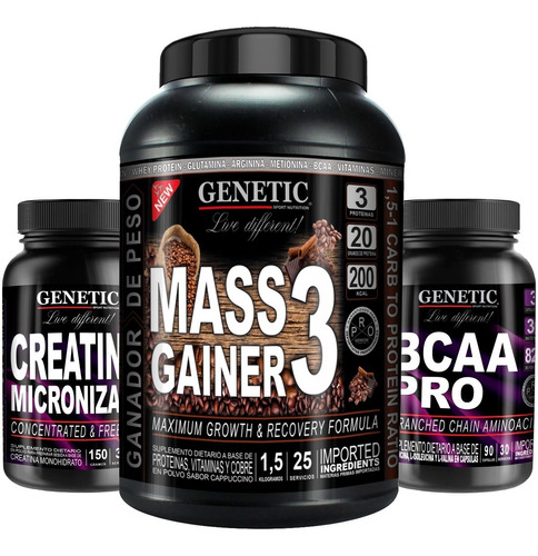 Combo Ganador Masa Muscular Creatina Micro Bcaa Pro Genetic 