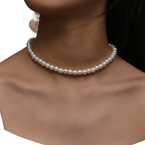 Vintage Style Simple 6mm Pearl Chain Choker Necklace