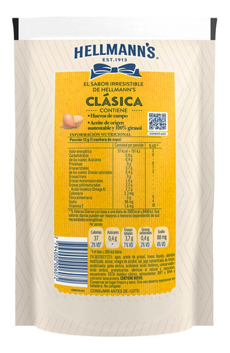 Imagen 3 de 3 de Mayonesa Clásica Hellmann's Sin T.a.c.c.doypack 475 Gr