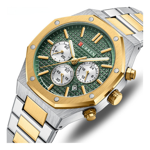 Relógio De Quartzo Empresarial Com Cronógrafo De Luxo Curren Cor Do Fundo Silver Gold Green