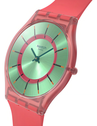 Reloj Swatch Minty Mango Dream Ss08p111 Correa Rojo Bisel Naranja Fondo Verde