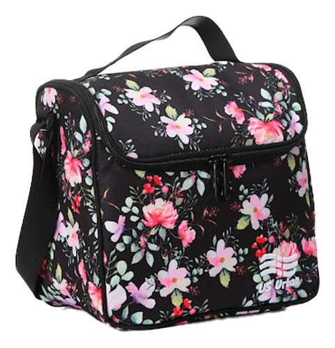 Set Mochila Escolar Carrito Con Lonchera Y Lapicera Flores Color Negro Diseño de la tela Estampado