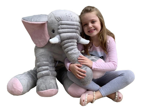 Almofada Elefante De Pelúcia Bebê Cinza Com Rosa 80cm 