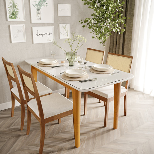 Mesa De Jantar 6 Lugares 1,60m Tampo Mdf E Vidro Pés Wt
